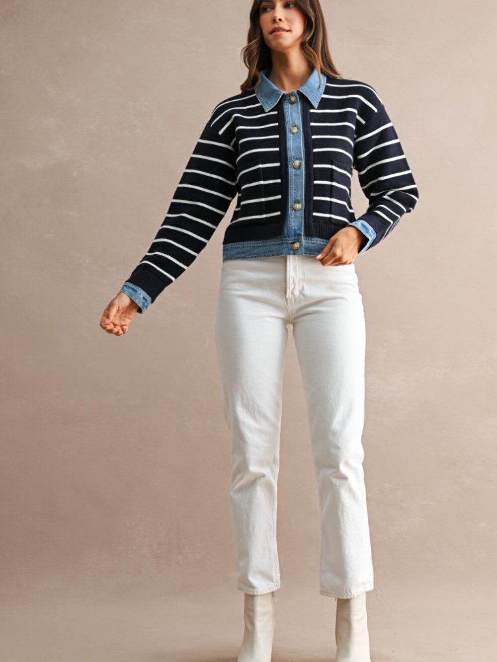 NWT Navy Striped Knit Cardigan with Denim Trim | Button Down Cardigan - Picture 8 of 8